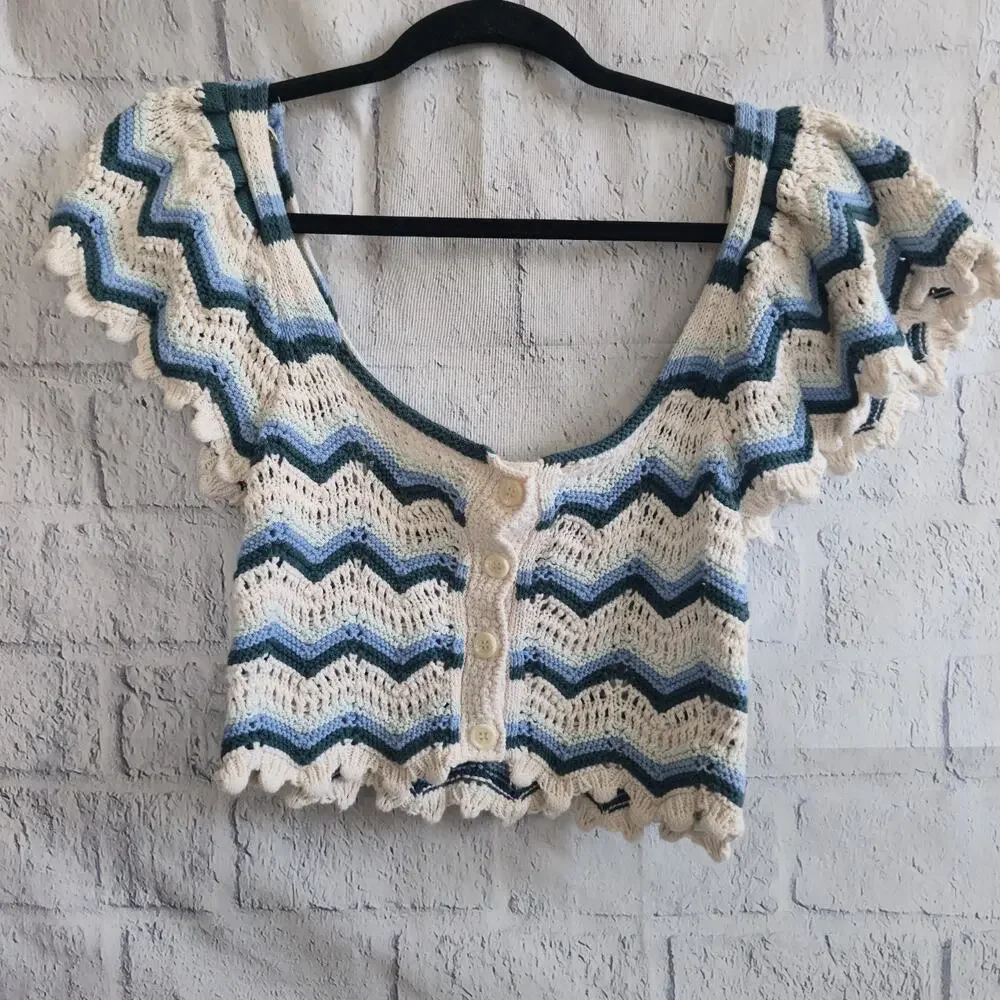 Zara‎ Boho Blue And Cream Striped Crochet Knit Button Up Crop Top